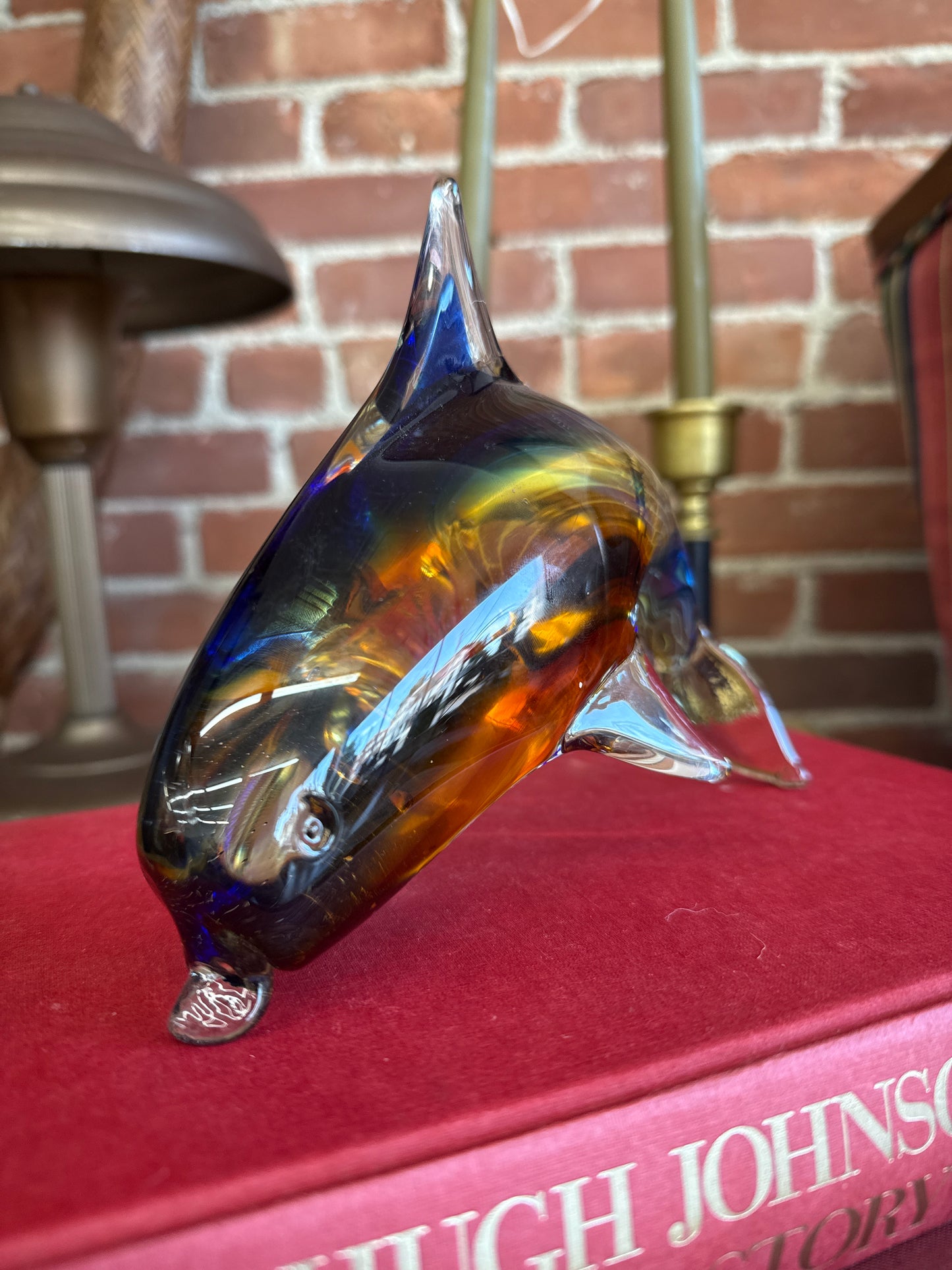 Murano Style Art Glass Dolphin Figurine in Amber and Blue, 7.25”