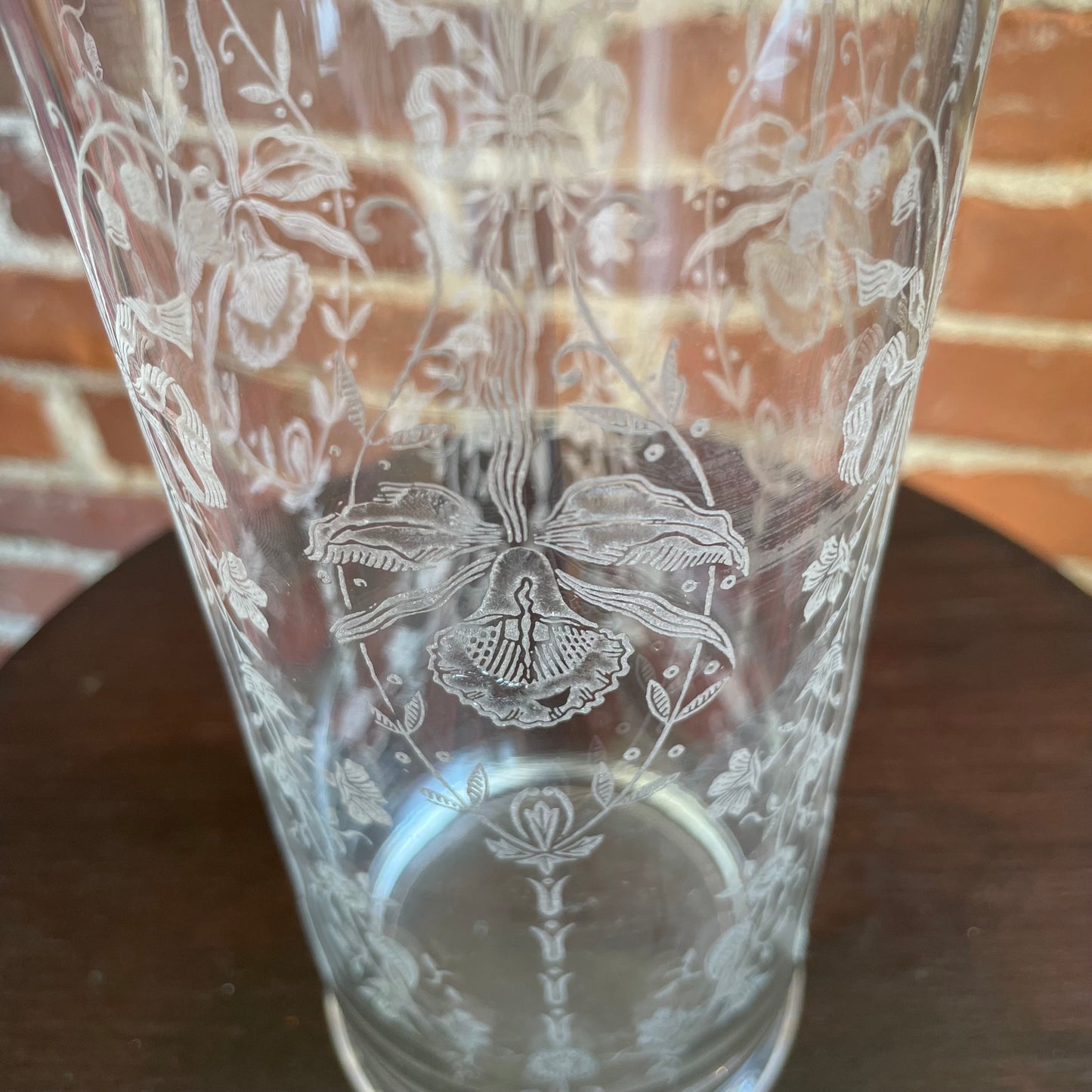 Tall Etched Glass Decanter with Stopper, Floral Design