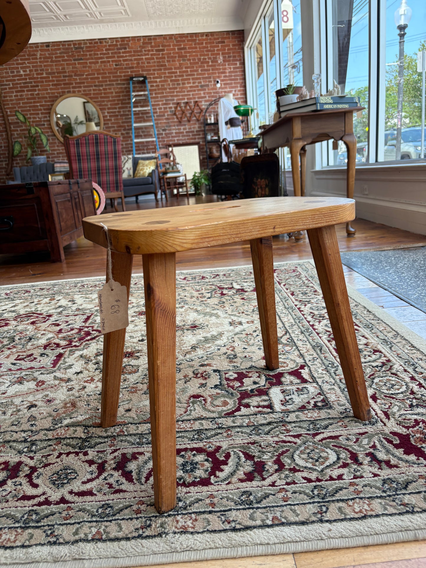 Signed “Karl 1993” Hand-Made Pine Stool – Tapered Legs, Carry Slot, 15″