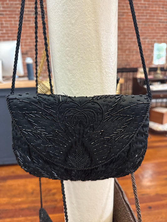 Rebecca Lynn Black Beaded Evening Bag with Long Rope Strap – Handmade Beaded Purse