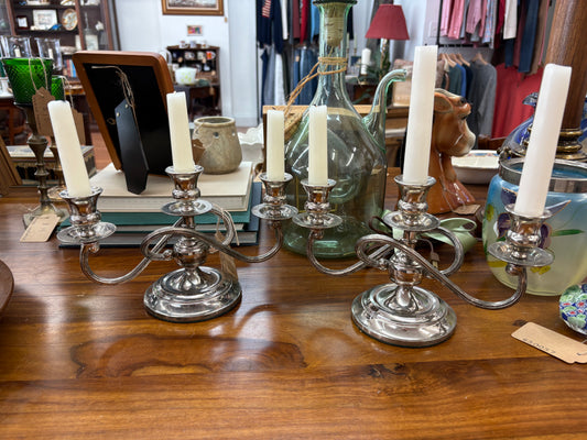 Early English-Style Silverplate 3-Arm Candelabras, Set of 2 (Japan, 10” x 6.5”)
