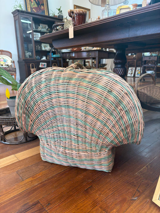 Vintage Rattan Scallop Shell Basket – Wicker Magazine Holder Coastal Decor