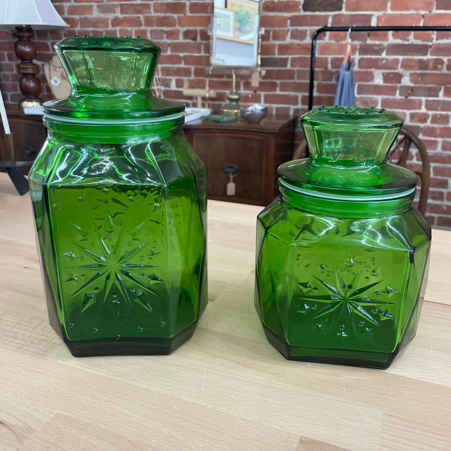 Vintage Wheaton Green Glass Canisters – Set of 2 with Starburst Design