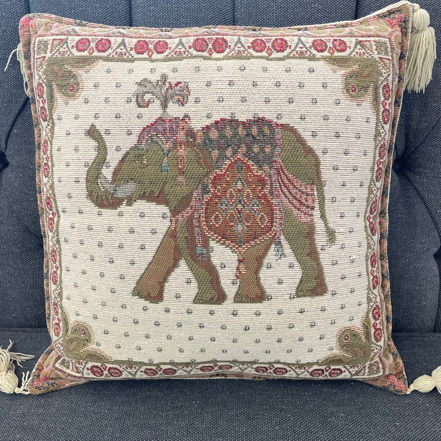 Vintage Tapestry Elephant Pillow with Tassels – Decorative Bohemian Throw Cushion 16” x 16” x 4”