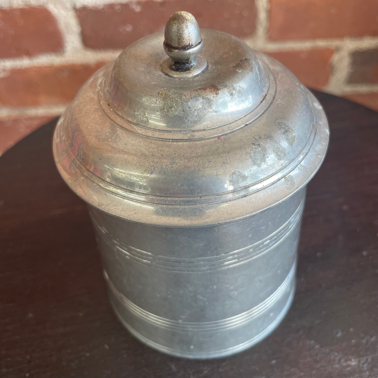 Vintage Pewter Storage Canister with Lid and Finial Handle (Marked Base)