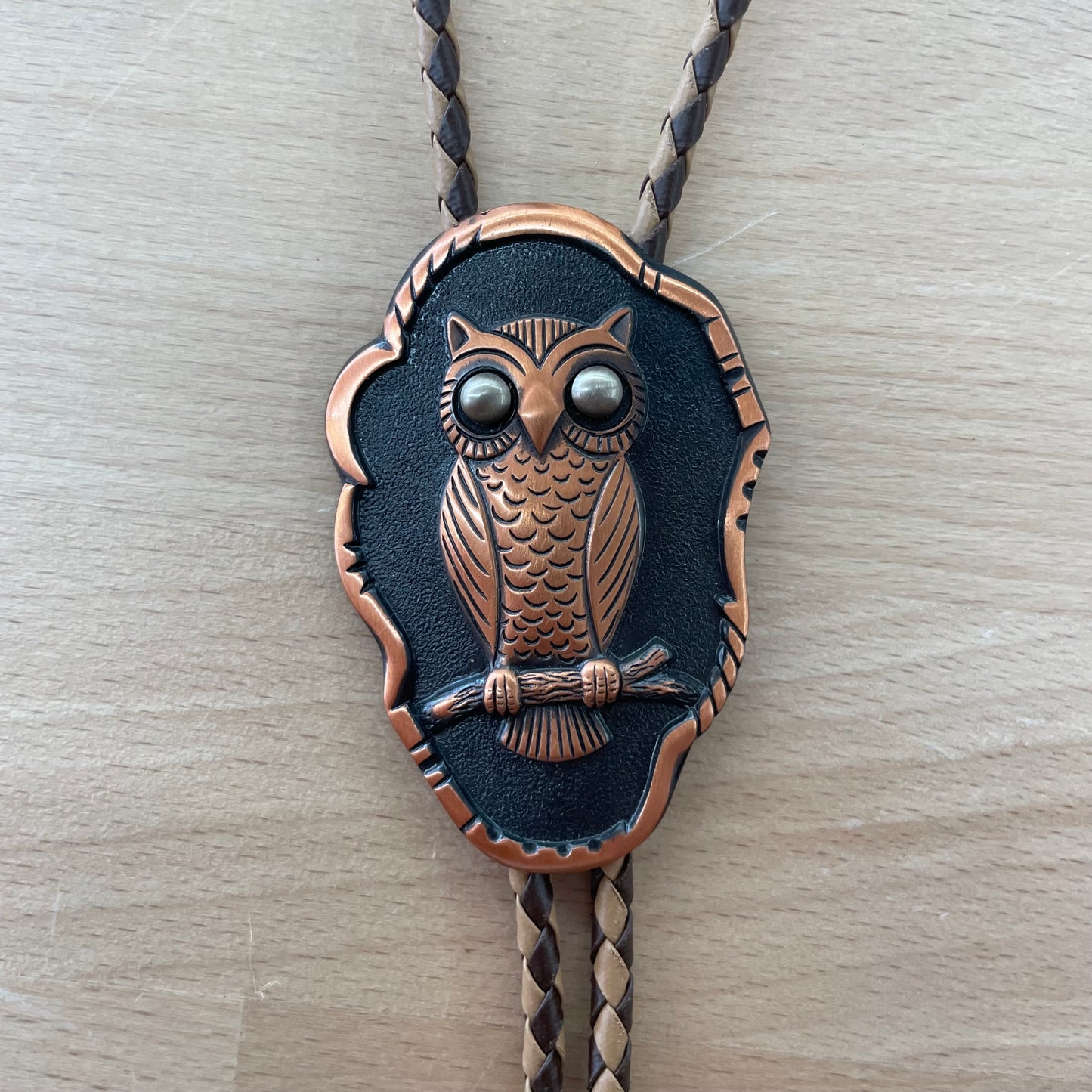 Vintage Bell Trading Co. Solid Copper Owl Bolo Tie with Leather Cord Native American