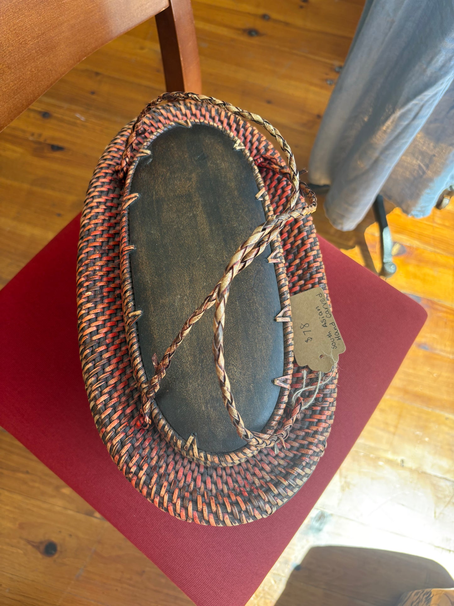 Hand-Carved Wood & Woven Basket with Lid – Vintage South Asian Folk Art