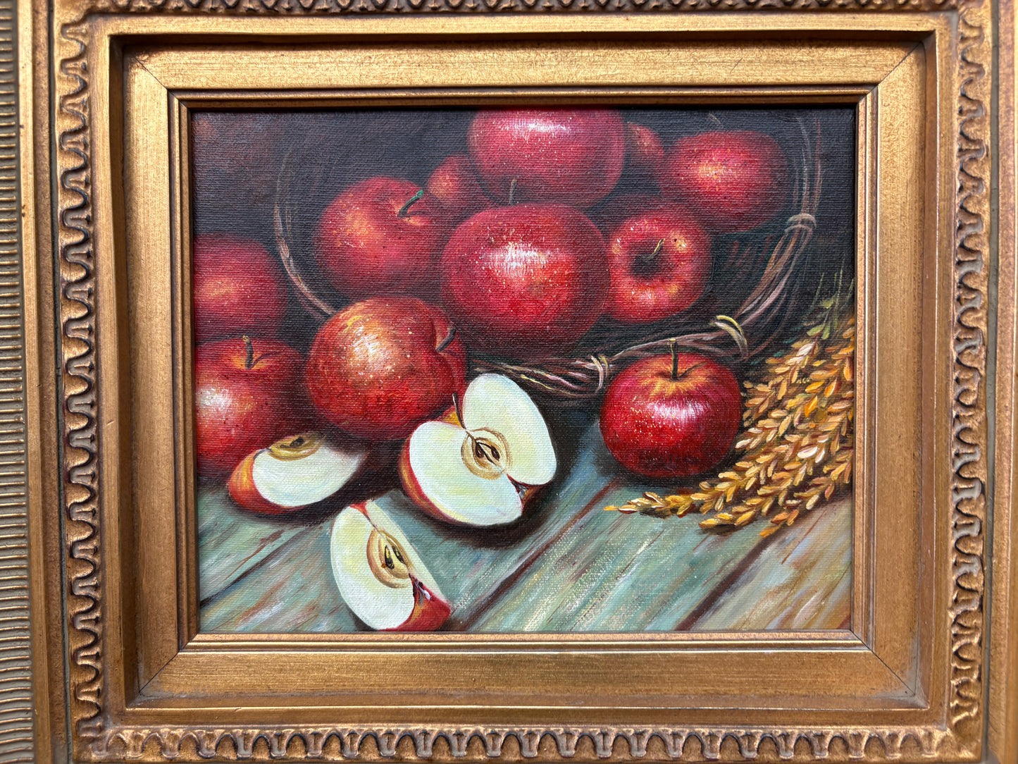 Framed Still-Life Oil – Basket of Red Apples, Ornate Gilt Frame, 20″ × 18″