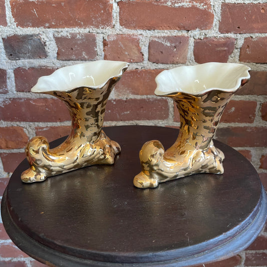 Pair of Vintage 24kt Gold Cornucopia Vases – Made in USA, Mid-Century