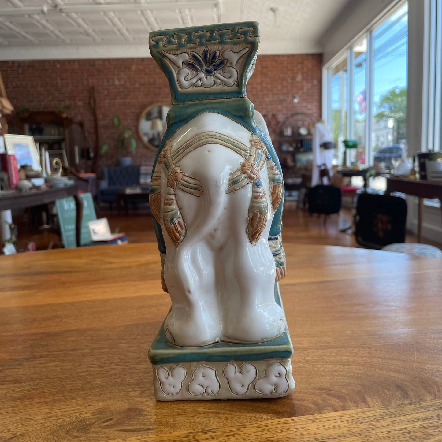 Vintage Ceramic Elephant Stand – Glazed Moss Green & Blue