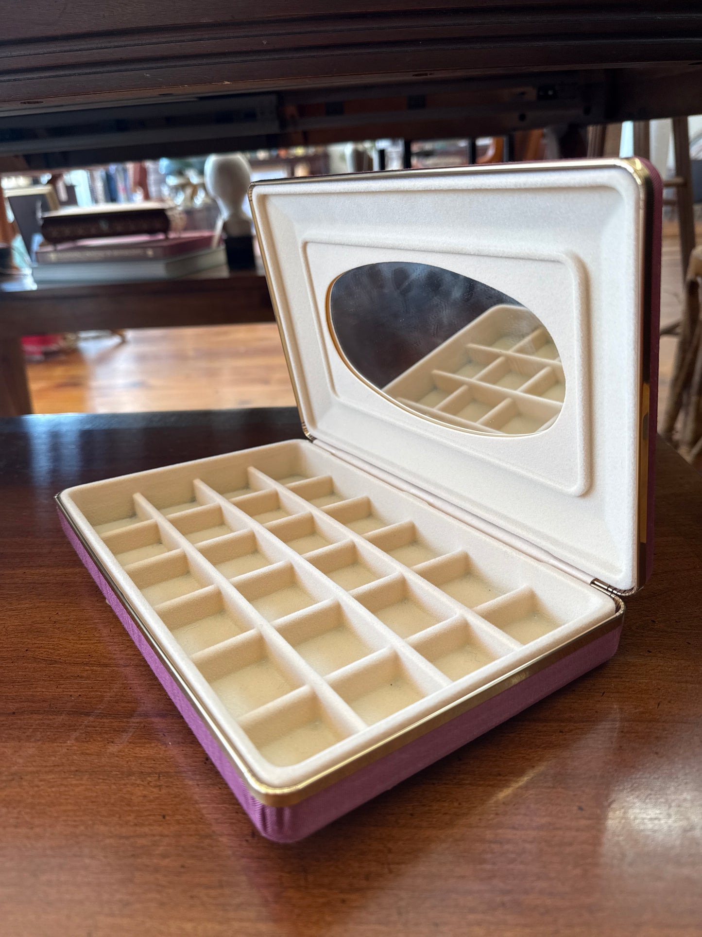Purple Satin Jewelry Case with Mirror and 24 Compartments