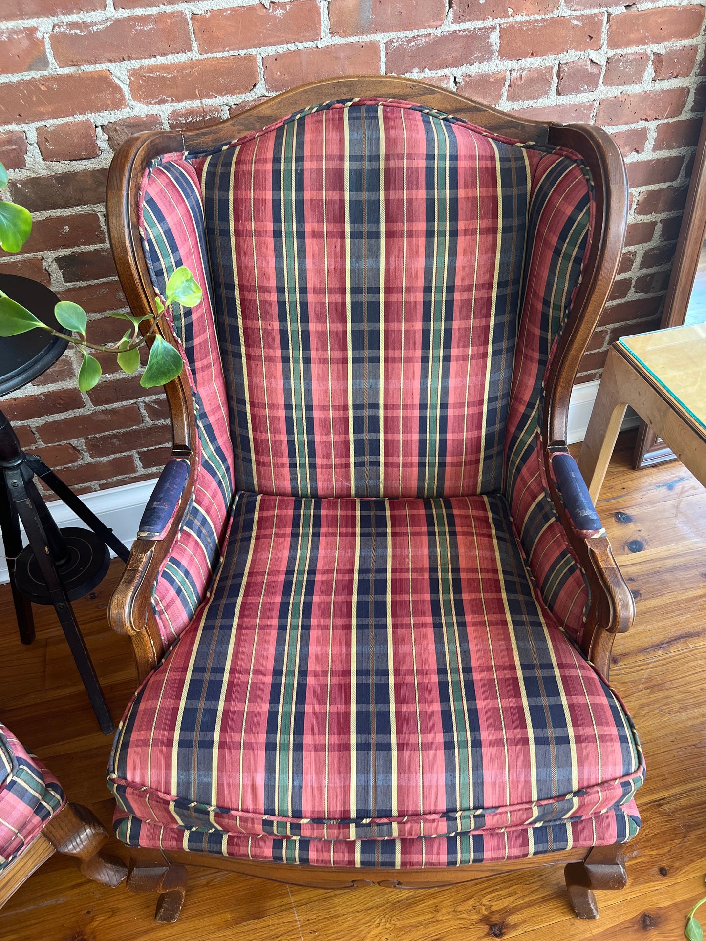 Pair of Vintage Plaid Wingback Chairs with Wood Frame – Classic Americana