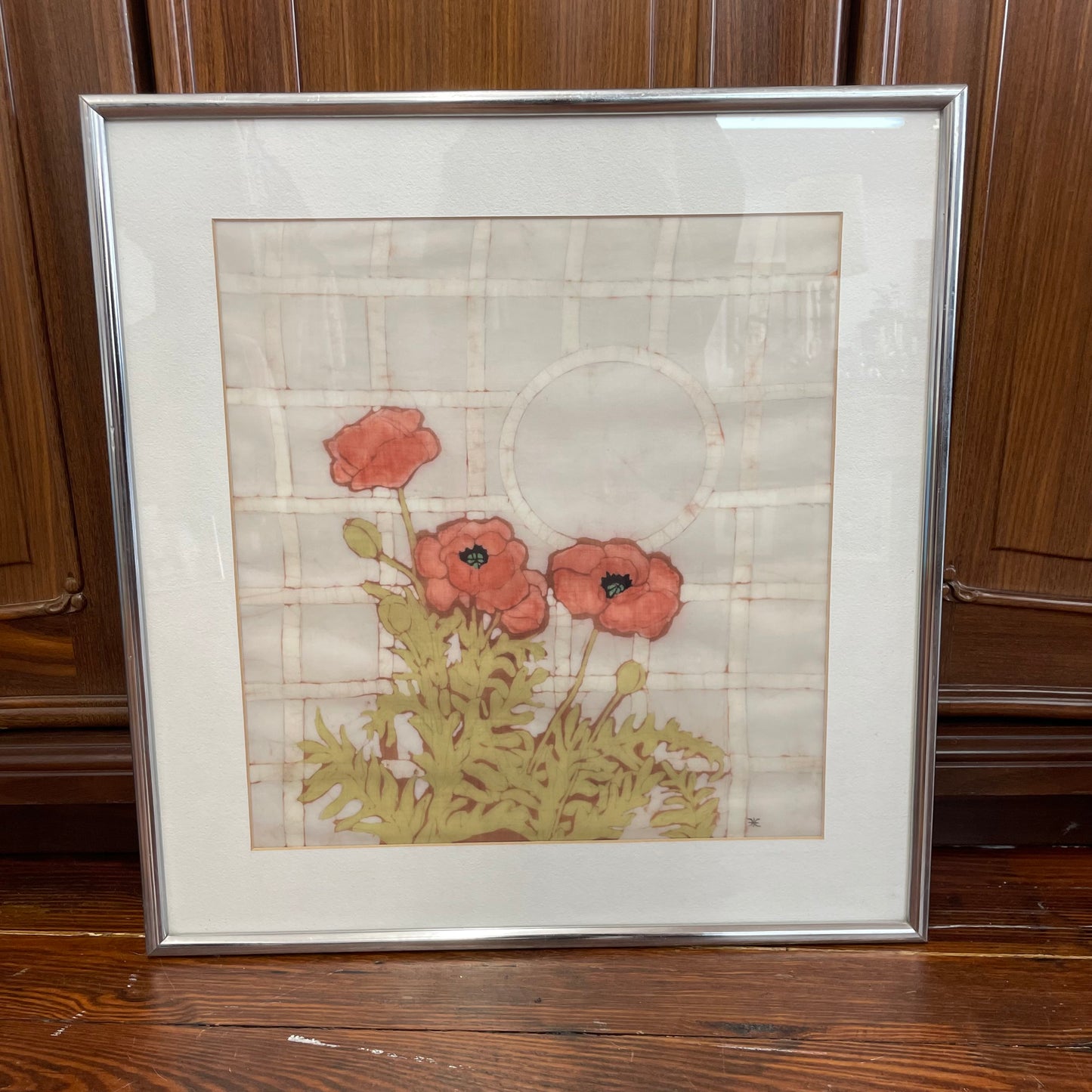 Framed Silk Poppy Artwork on Batik-Style Background, 1980s