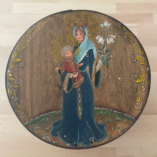 Hand-Painted Round Wood Box with Madonna & Child, 12” Diameter