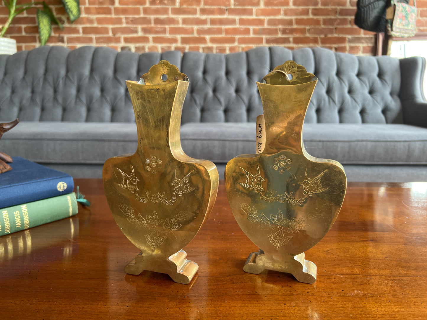 Mid-Century Etched Brass Wall Pockets – Pair of Bird & Floral Hanging Vases Hong Kong
