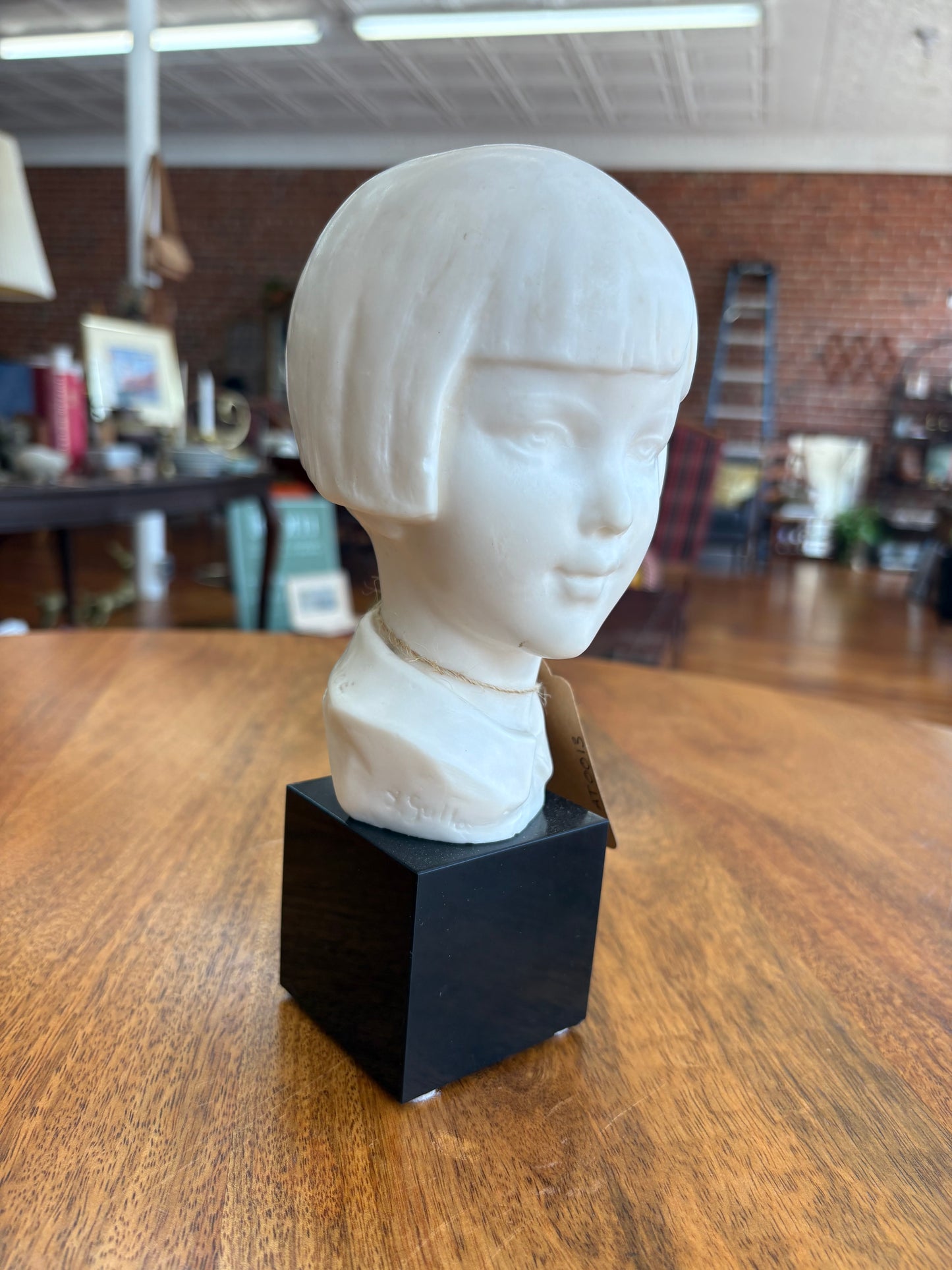 I. Gallo French Girl Bust – Faux Marble on Onyx Base, Mid-Century, 6.5″