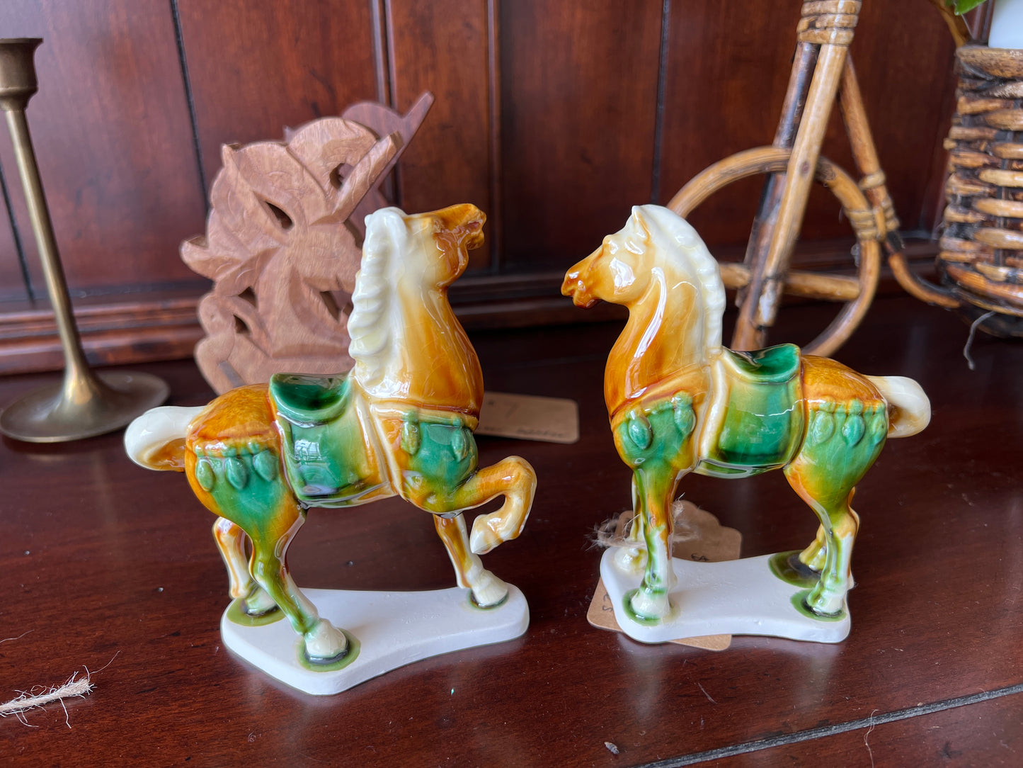 Vintage Ceramic Horse Figurines, Hand-Painted Tang Style Pair