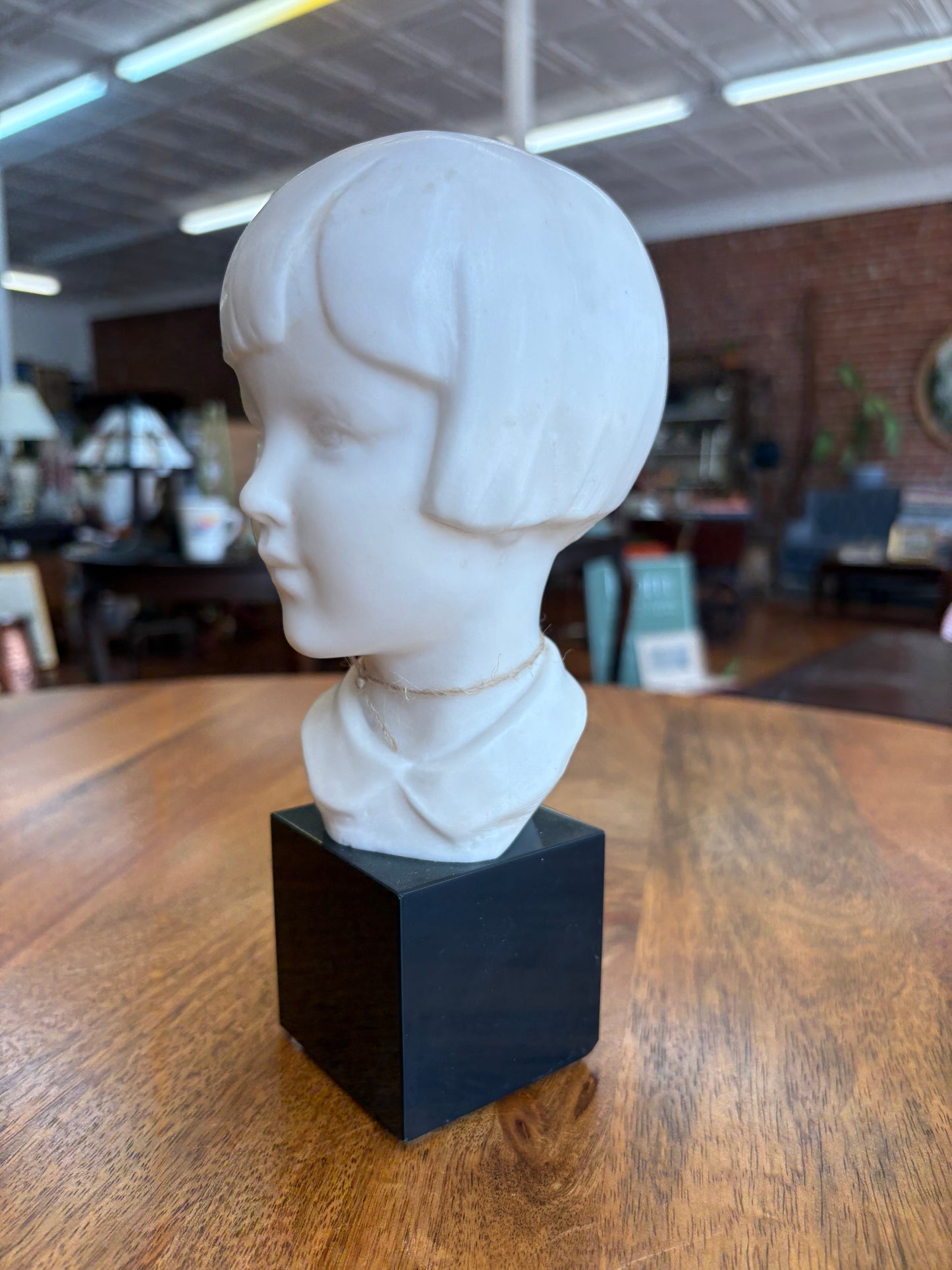 I. Gallo French Girl Bust – Faux Marble on Onyx Base, Mid-Century, 6.5″