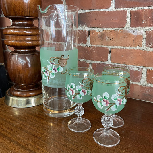 Vintage Bohemia Czech Green Glass Pitcher & Goblets Set, Hand Painted