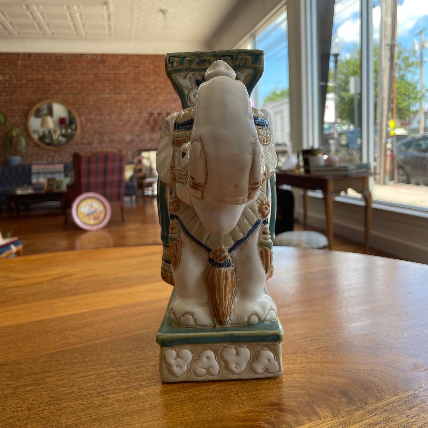 Vintage Ceramic Elephant Stand – Glazed Moss Green & Blue