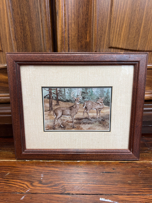Vintage Framed Wildlife Deer Print – Rustic Cabin Wall Art 14" x 12"