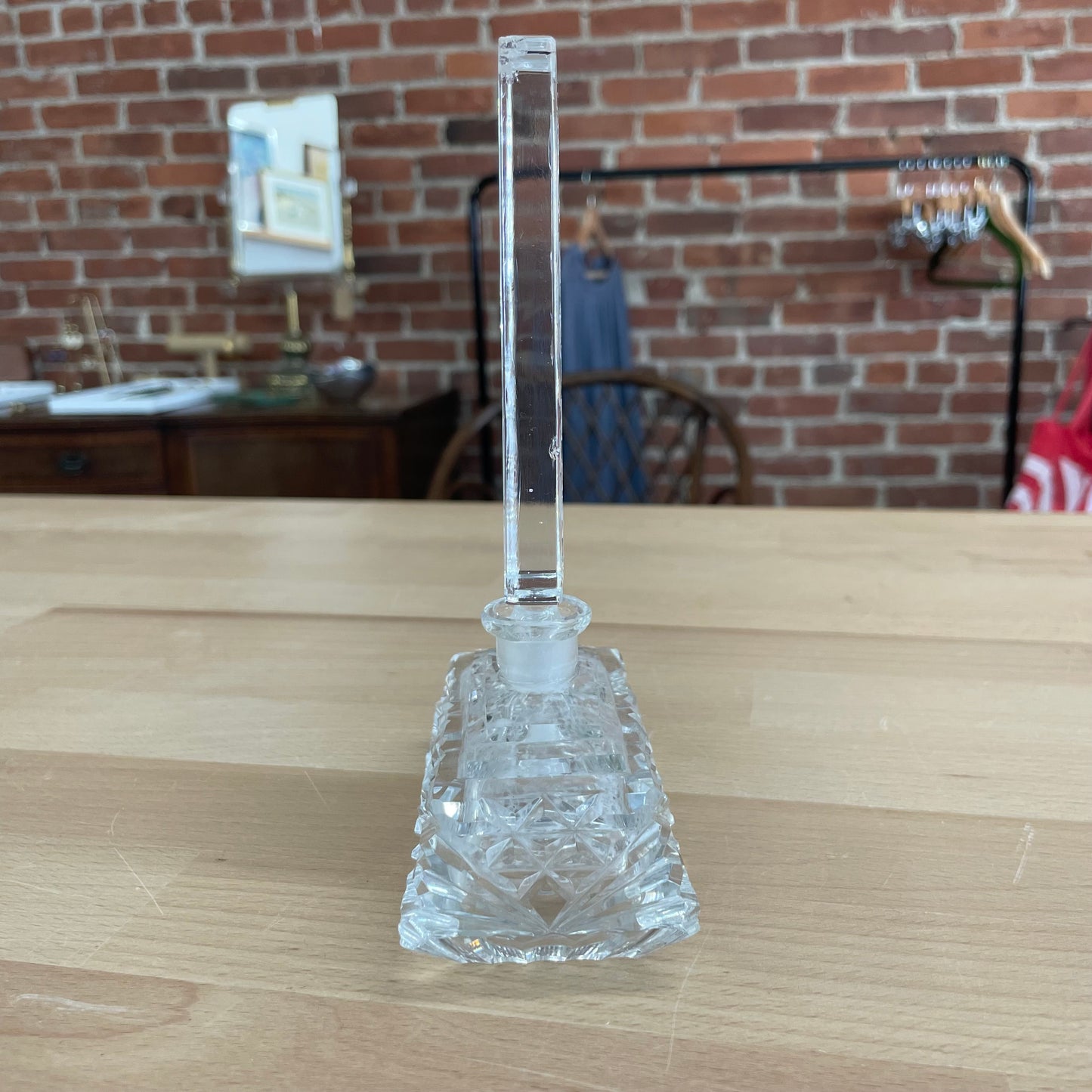 Vintage Czechoslovakia Cut Crystal Perfume Bottle with Geometric Stopper