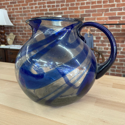 Hand Blown Mexican Glass Pitcher with Blue Swirl Design and Curved Handle