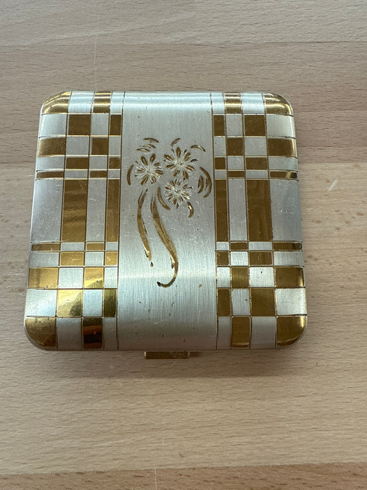 Vintage Dorset Fifth Avenue Compact, 1950s Silver & Gold Floral, 3.25” Square