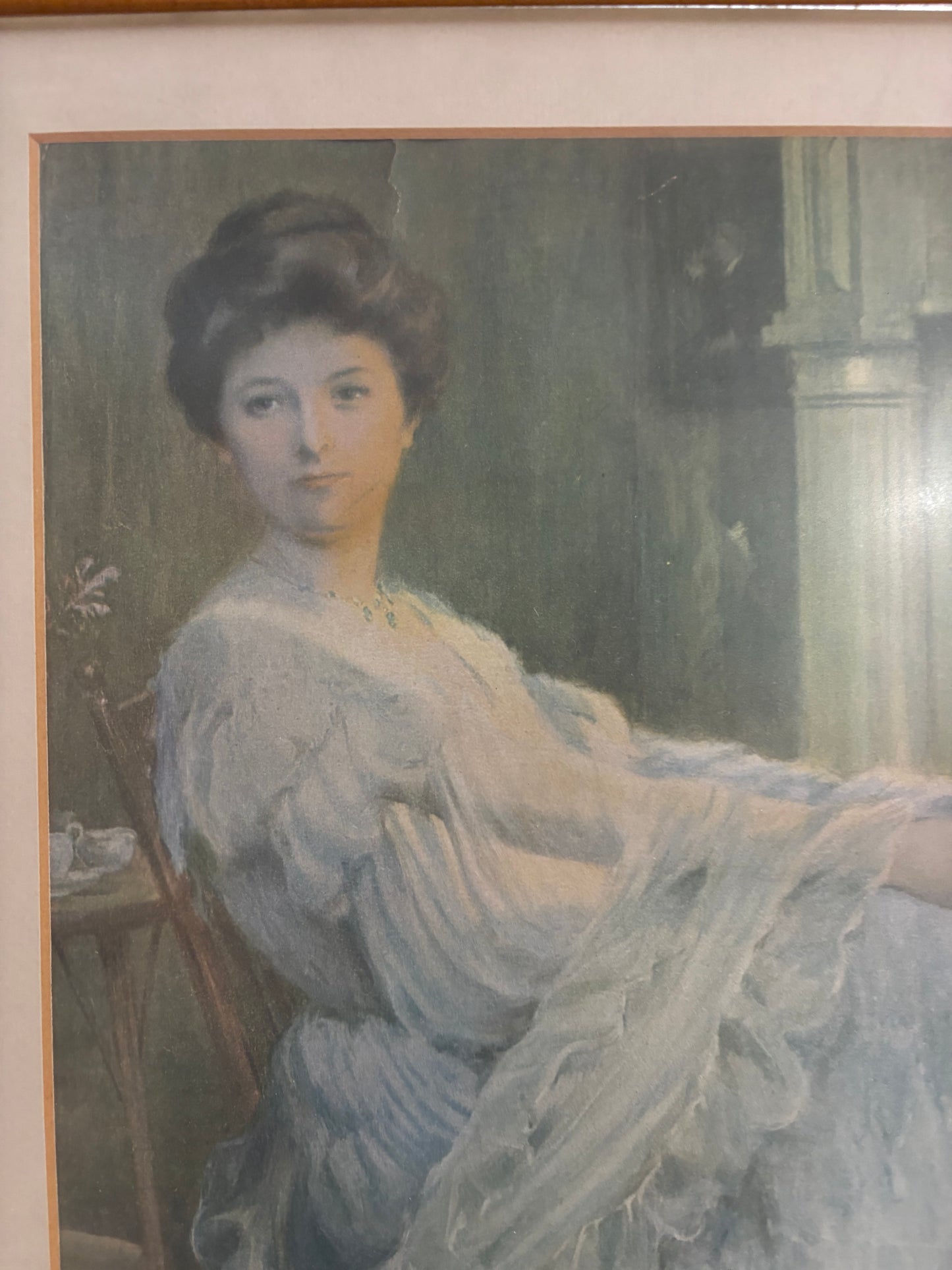 Edwardian Lady by the Hearth – Framed Print in Gilt Wood, 19″ × 15″