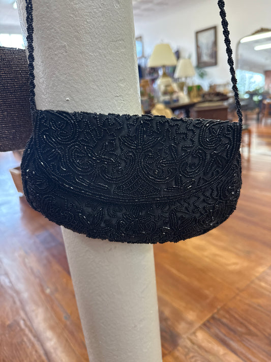 Vintage Carlo Fellini Black Beaded Evening Bag with Floral Motif and Beaded Strap