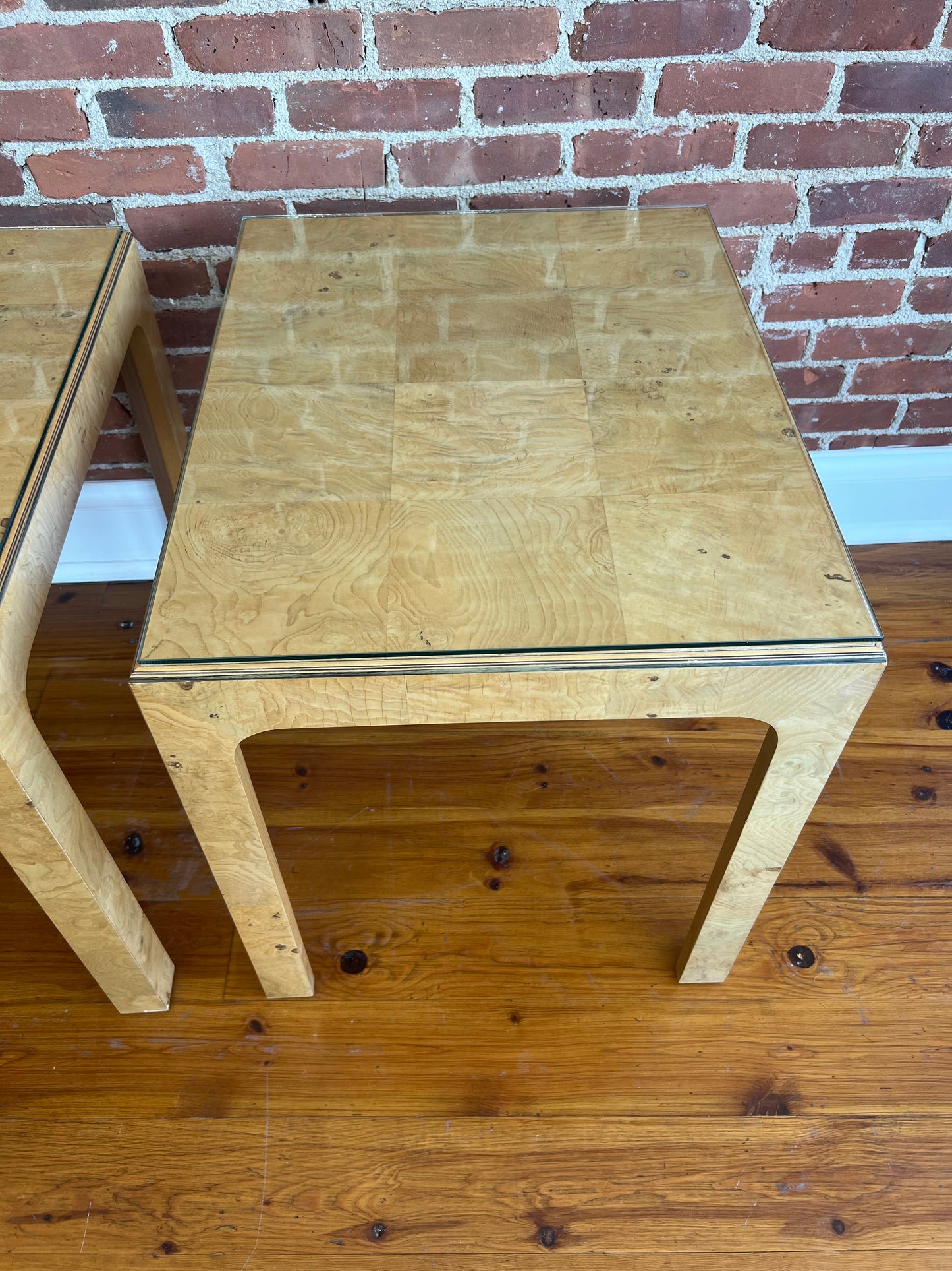 Pair of Henredon Scene Two Burl Wood & Glass End Tables, 1980s MCM