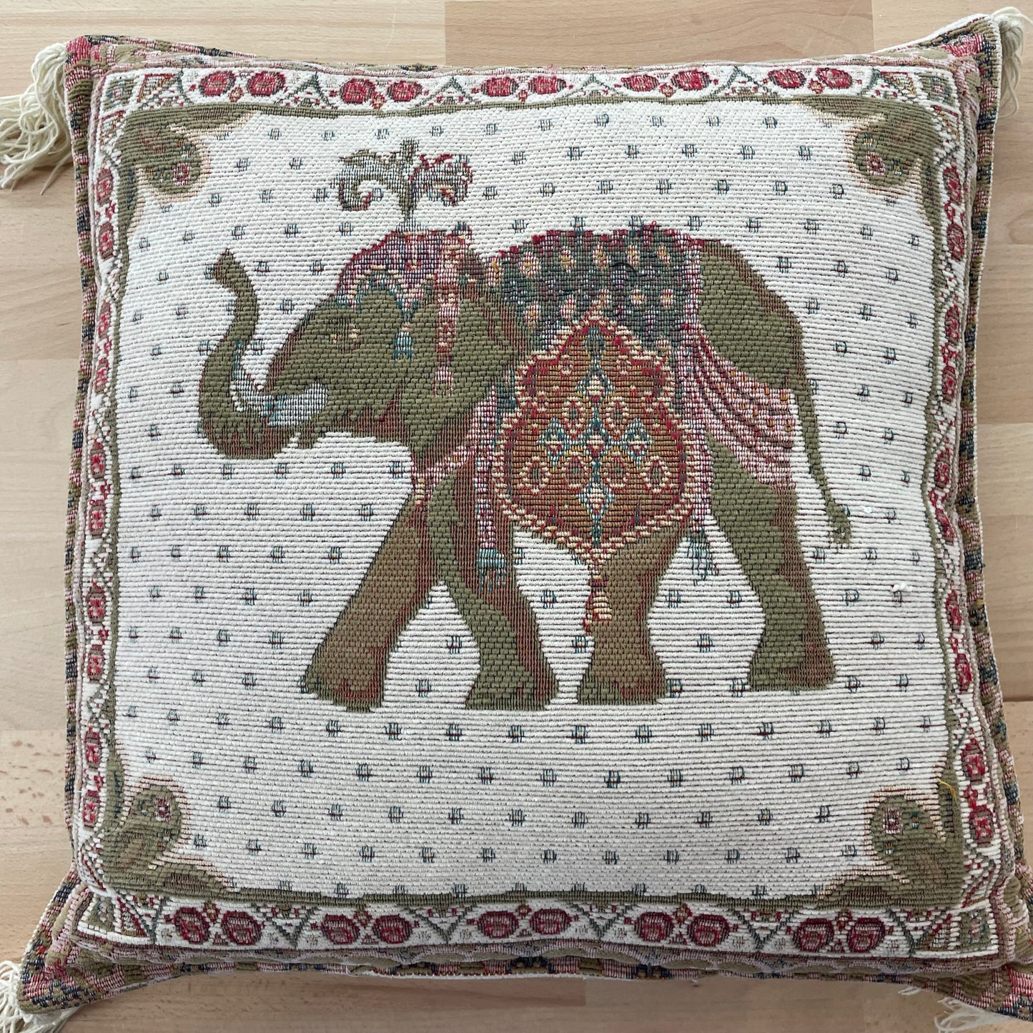 Vintage Tapestry Elephant Pillow with Tassels – Decorative Bohemian Throw Cushion 16” x 16” x 4”