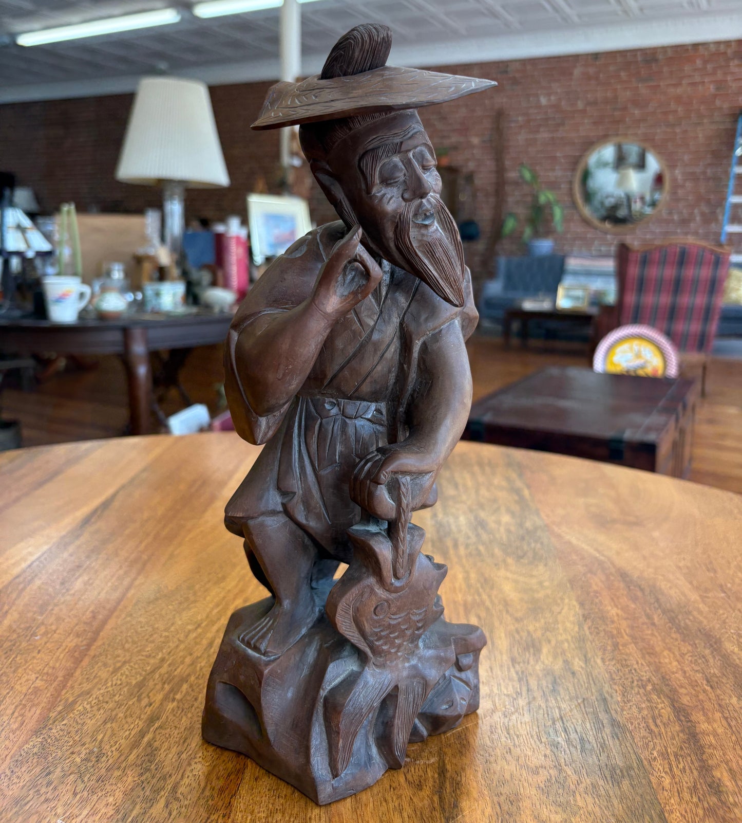 Vintage Chinese Fisherman Wood Carving – Removable Hat, Red Cedar, 12″ Tall