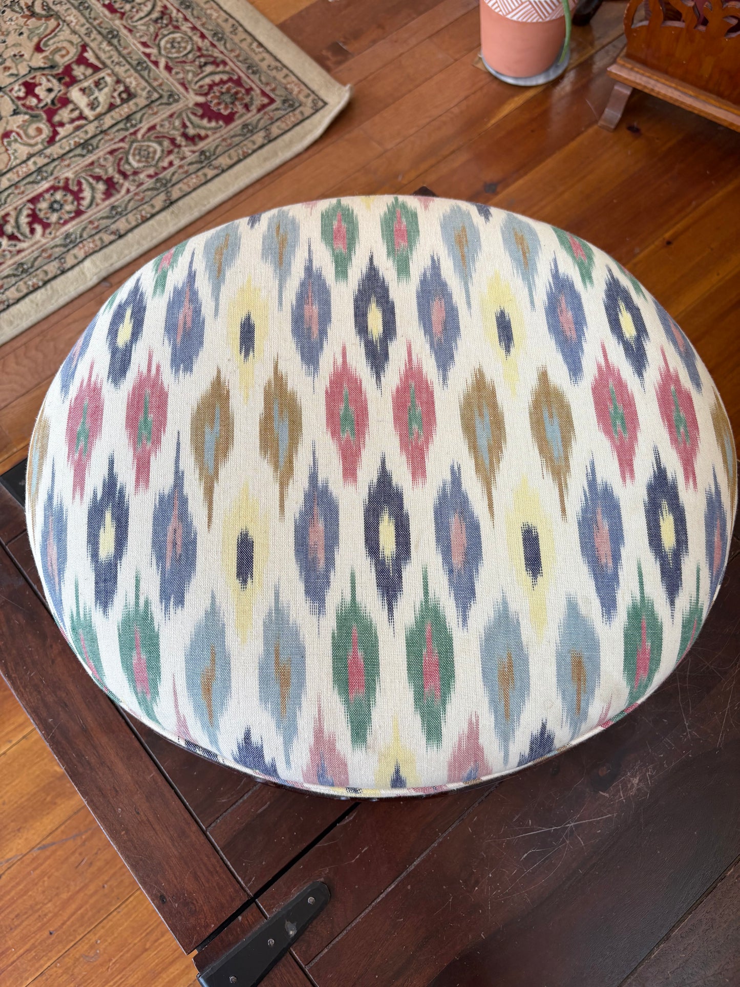 Vintage Carved Footstool – Ikat Upholstery, Cabriole Legs, 22″ × 19″ × 7″
