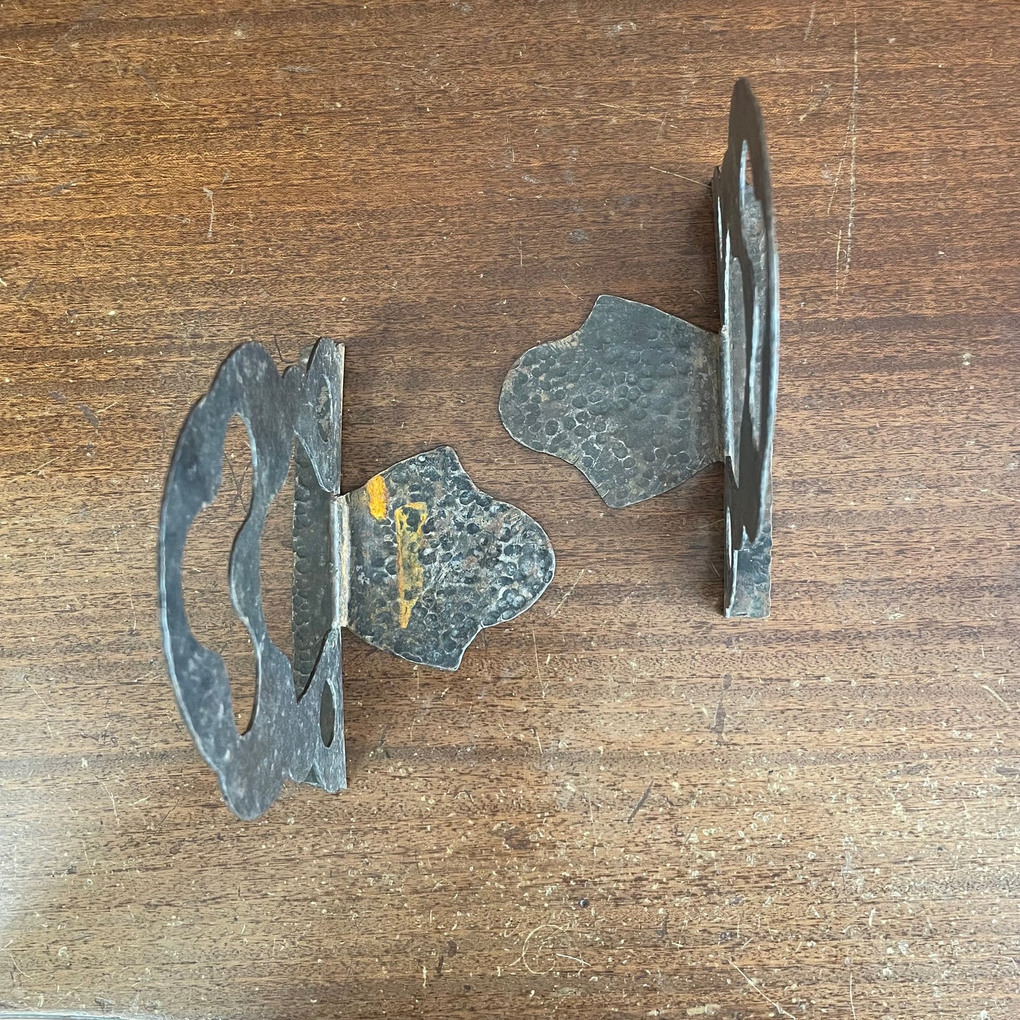 Brutalist Hammered Metal Bookends with Cutout Abstract Design