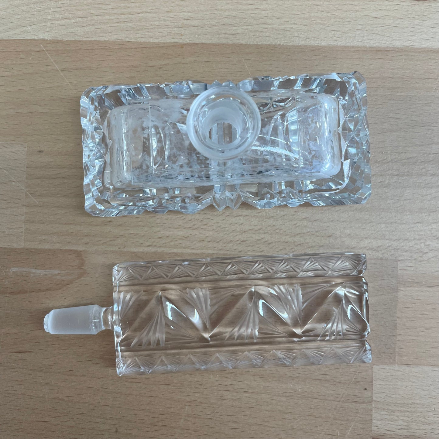 Vintage Czechoslovakia Cut Crystal Perfume Bottle with Geometric Stopper