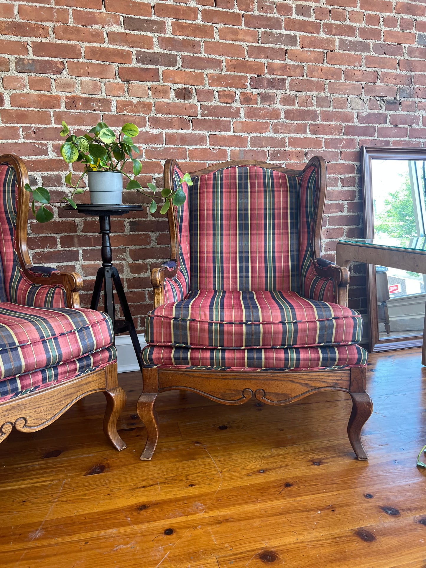 Pair of Vintage Plaid Wingback Chairs with Wood Frame – Classic Americana