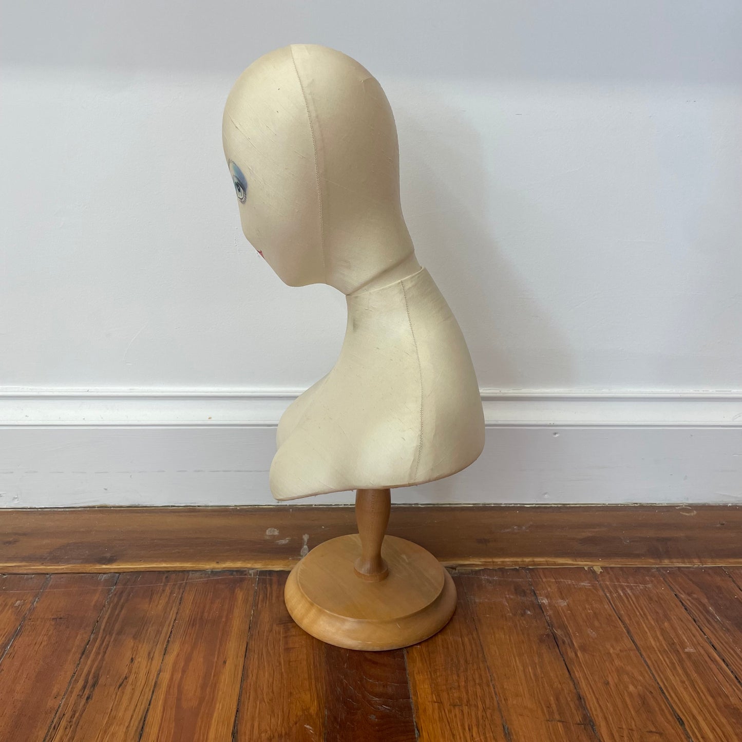 Vintage Hand-Painted Mannequin Bust – Upper Torso with Wooden Stand