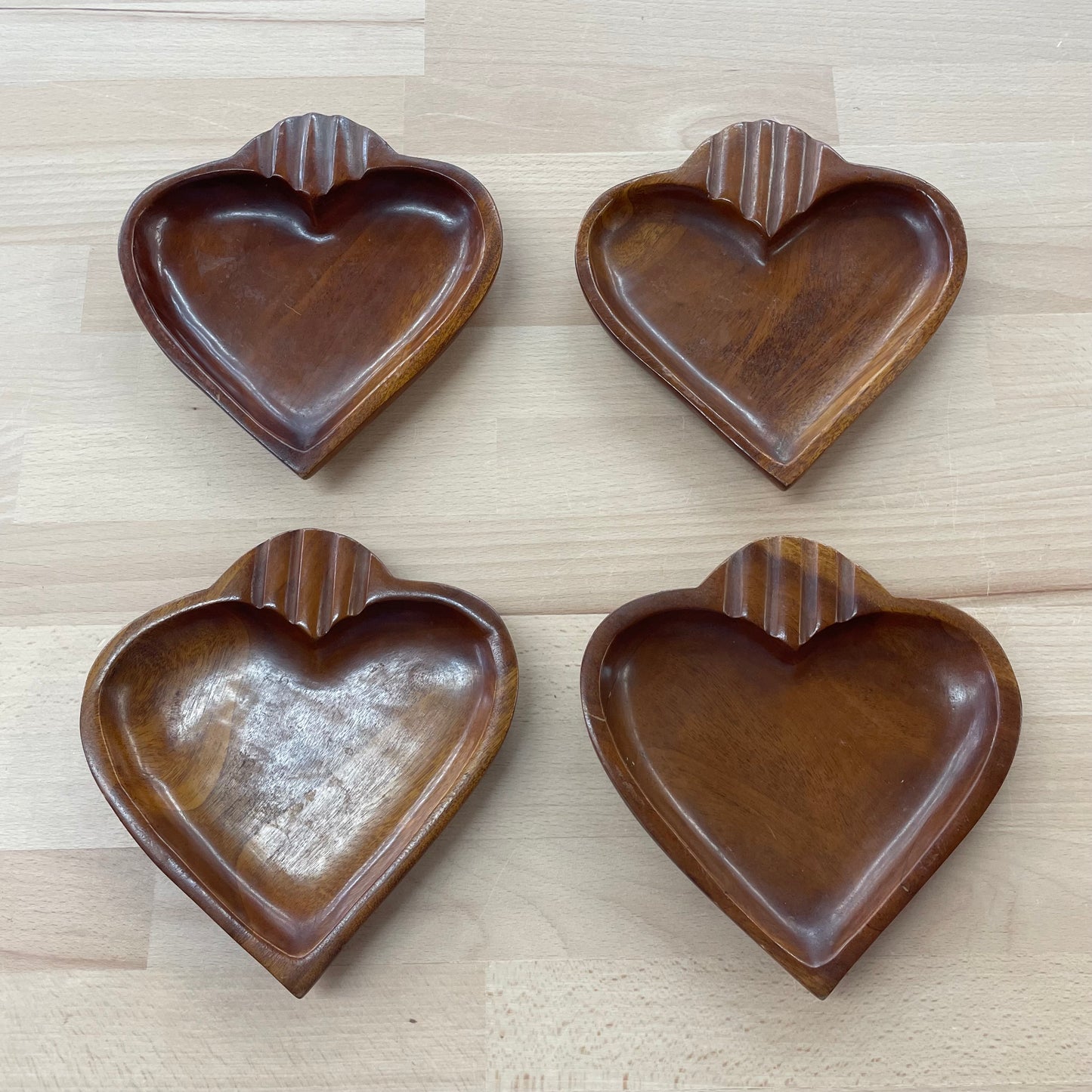 Vintage 70s Monkey Pod Wood Heart Tray Set – 5-Piece Carved Serving Dishes