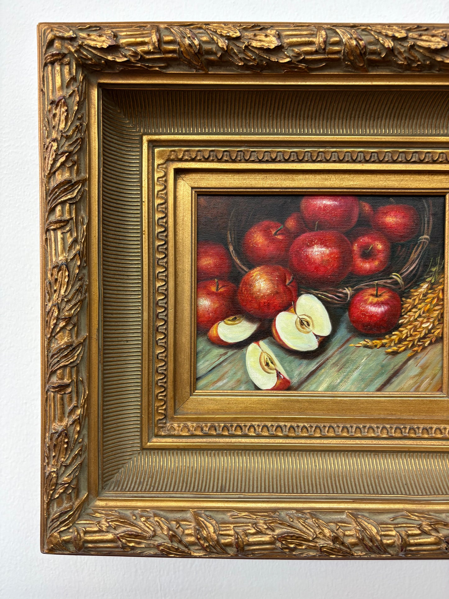 Framed Still-Life Oil – Basket of Red Apples, Ornate Gilt Frame, 20″ × 18″