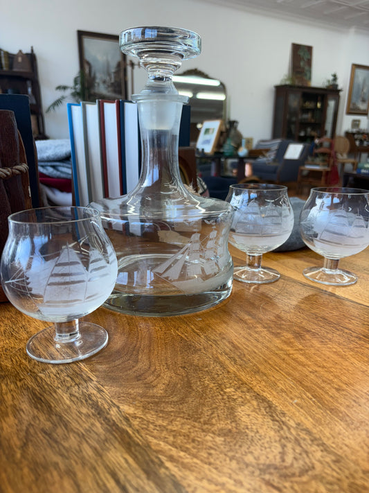 Vintage Etched Clipper Ship Decanter and Glasses, Etched Nautical Drinkware
