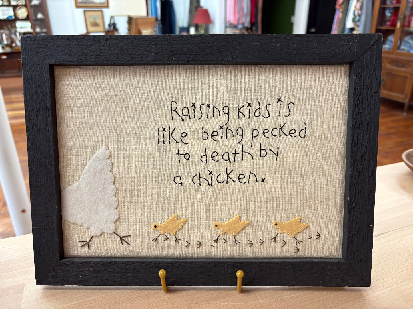 “Raising Kids” Chicken Embroidery – Framed Folk Art Quote with Felt Appliqué