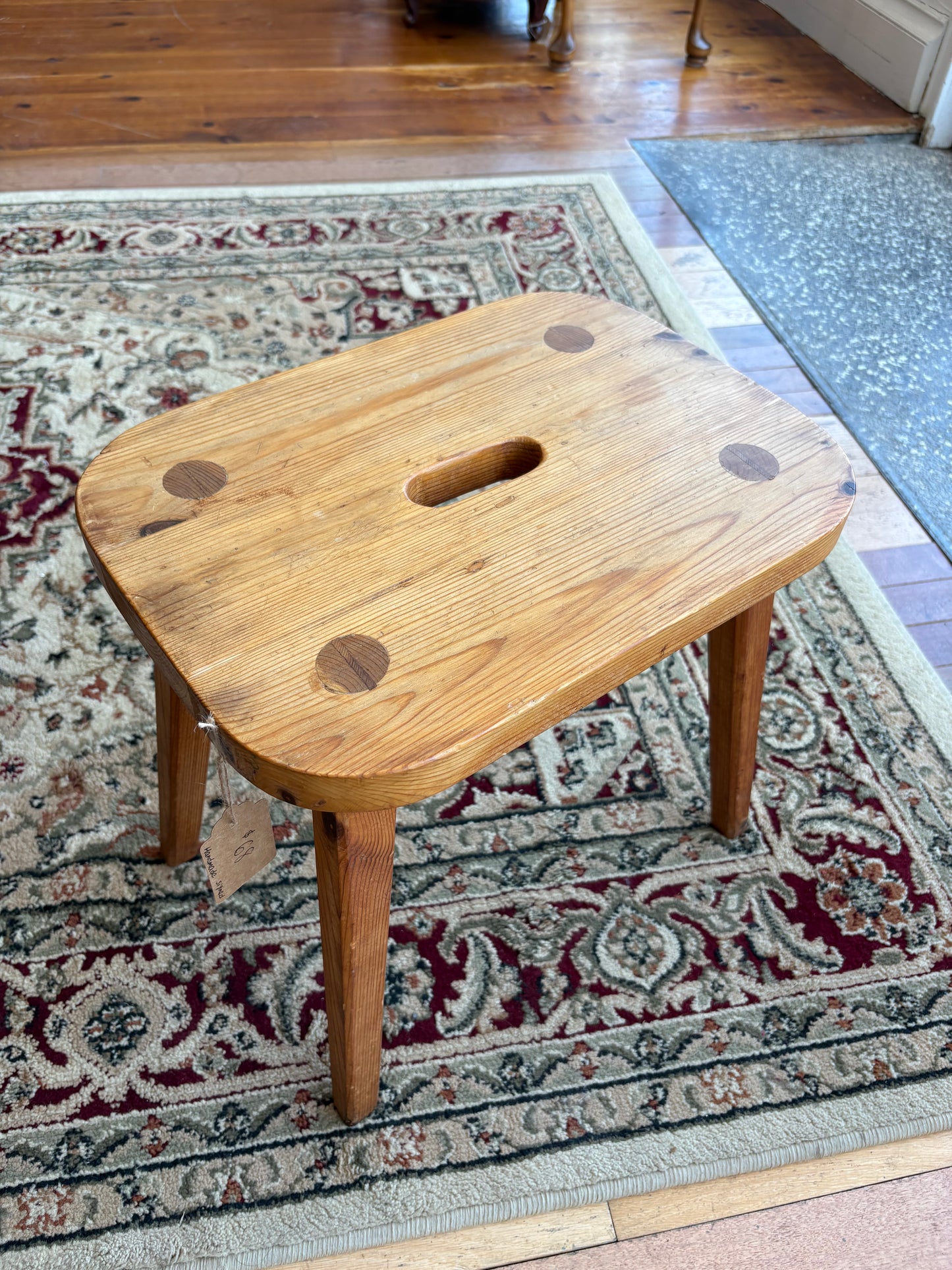 Signed “Karl 1993” Hand-Made Pine Stool – Tapered Legs, Carry Slot, 15″
