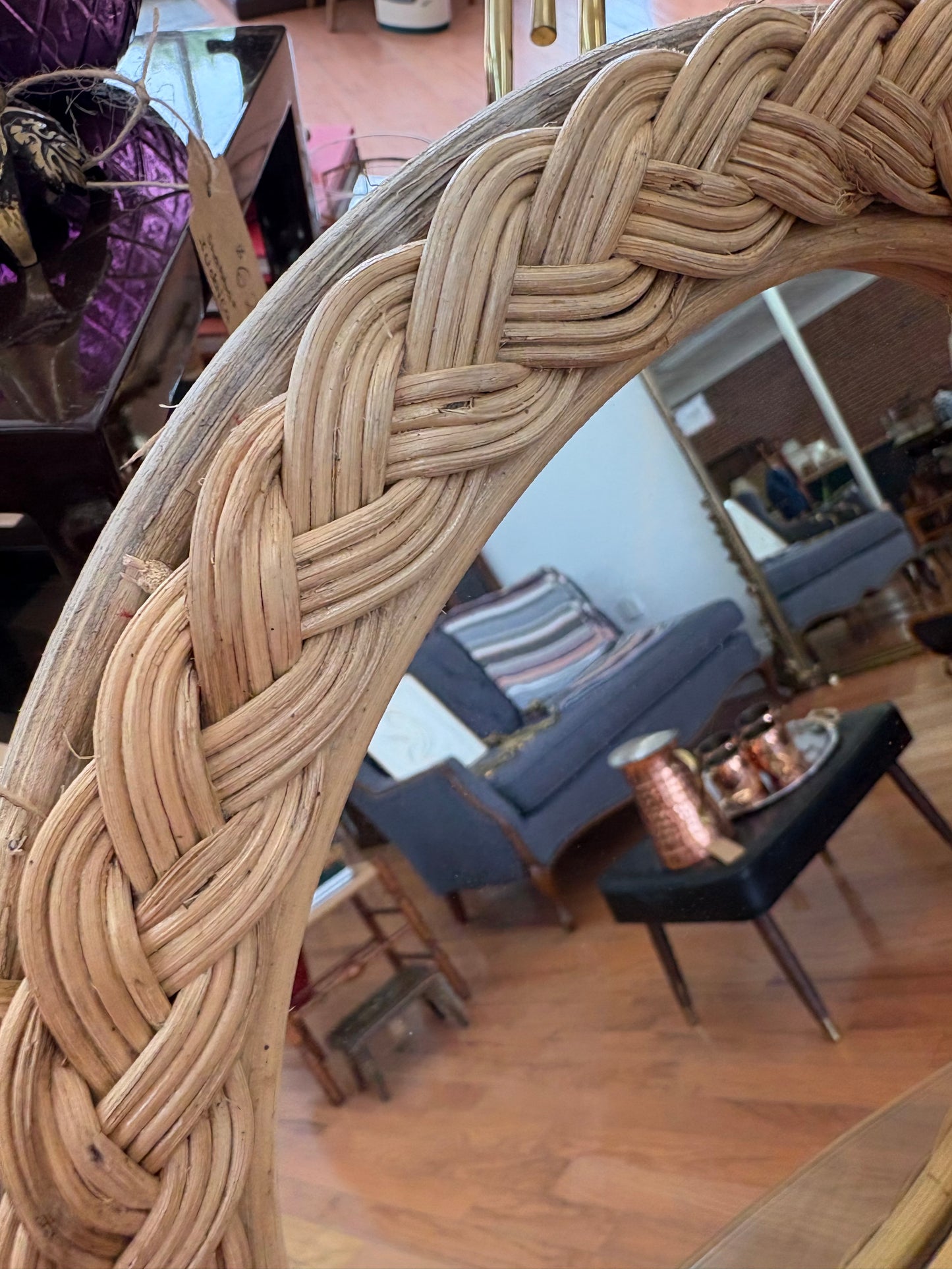 Vintage Braided Straw Round Wall Mirror – 12" Natural Woven Frame