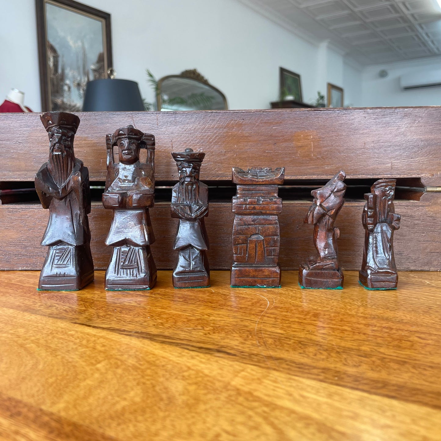 Hand-Carved Wooden Chess Set – Folding 18″ Board w/ Drawers & Brass Handles