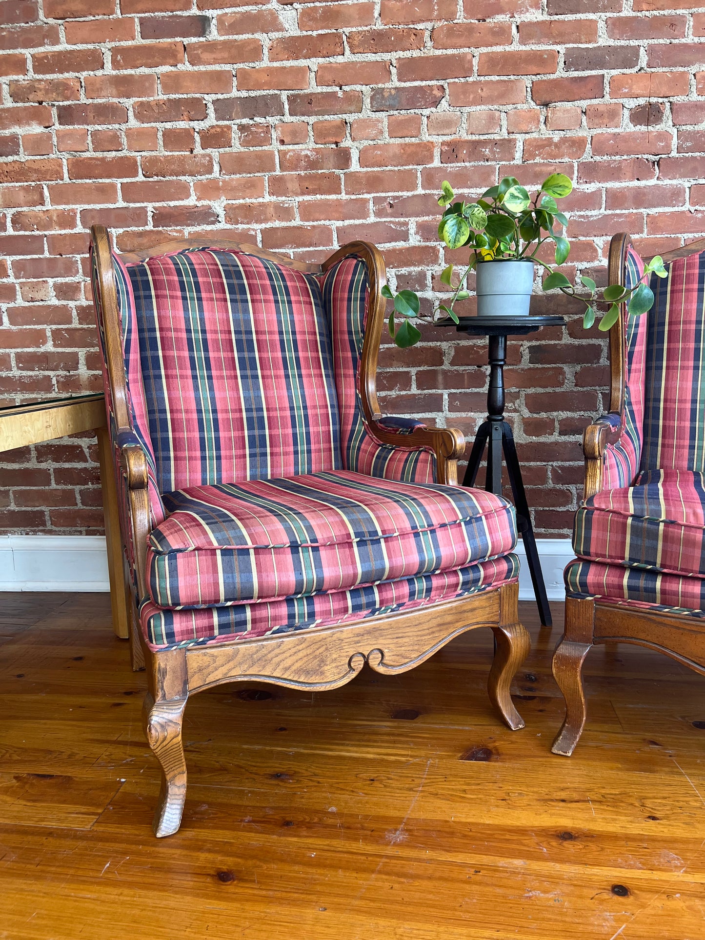 Pair of Vintage Plaid Wingback Chairs with Wood Frame – Classic Americana