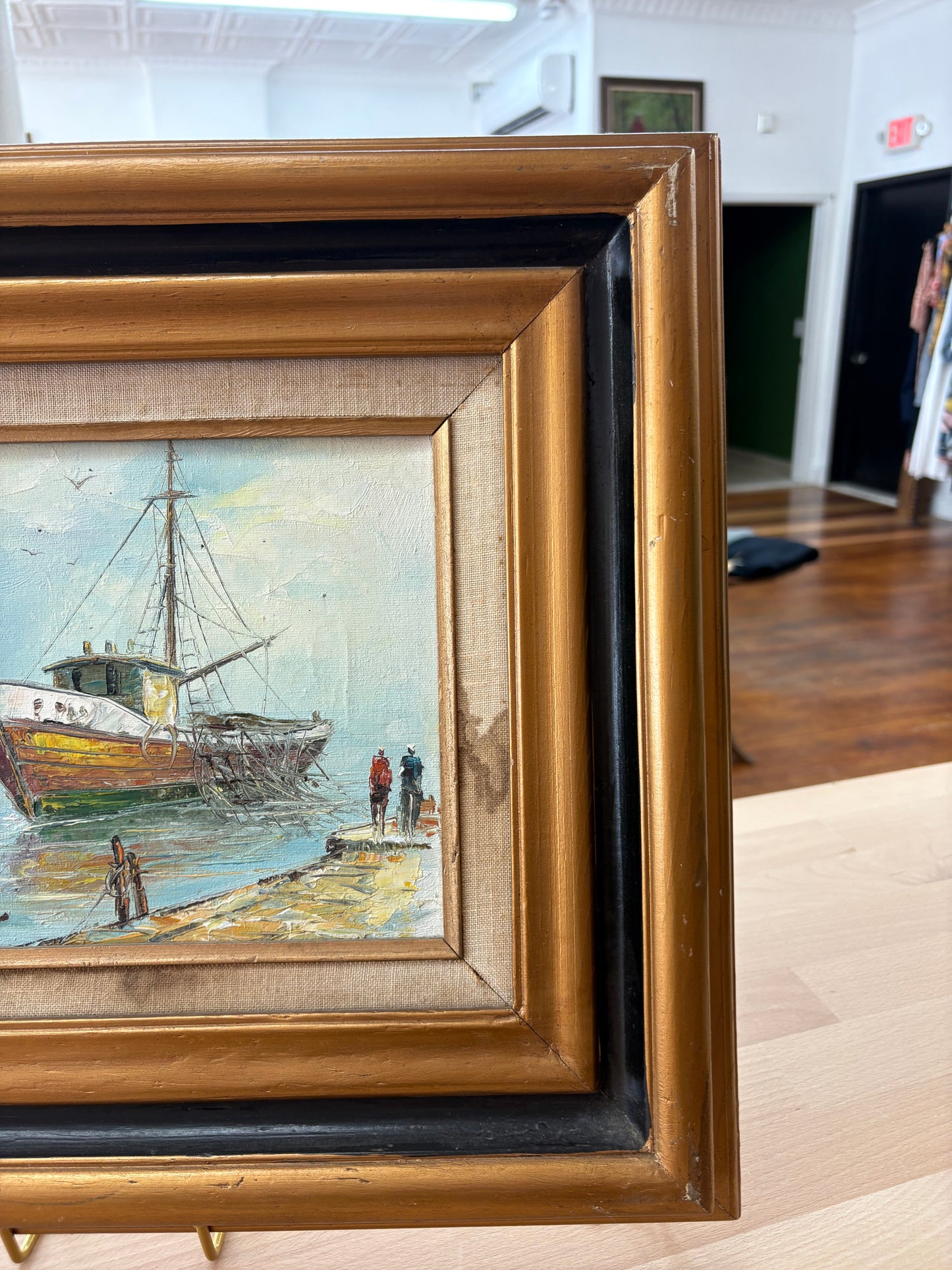 Shirley Rossini Oil – Fishing Boat at Dock, Signed, Framed Nautical Scene 18″