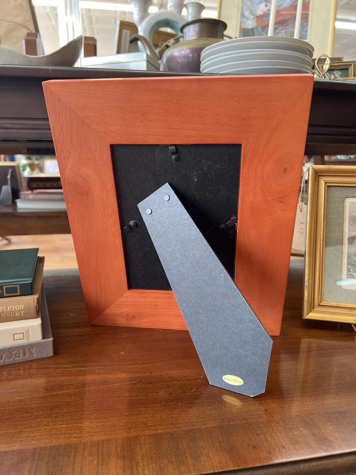 Wide wood picture frame — back with fold-out easel stand