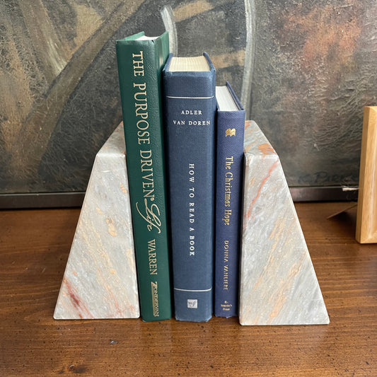 Mid-Century Modern Marble Triangle Bookends with Pink & Grey Veining