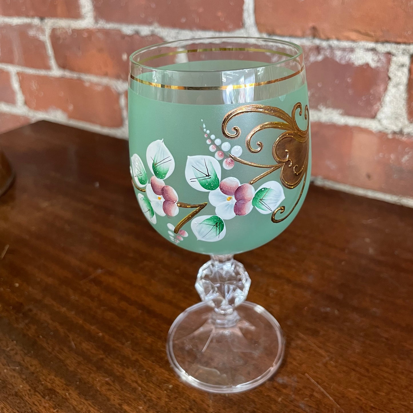 Vintage Bohemia Czech Green Glass Pitcher & Goblets Set, Hand Painted